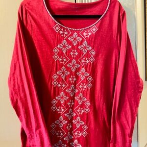 Coldwater Creek Red Embroidered with Silver - Christmas Blouse